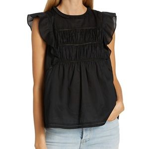 Rails Filomena Ruched Flutter-Sleeve Top in Black - Womens Small - 100% Cotton